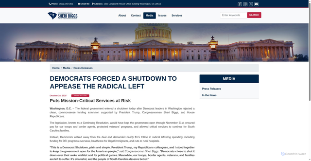 Security scan screenshot of http://sheribiggs.house.gov/media/press-releases/democrats-forced-shutdown-appease-radical-left