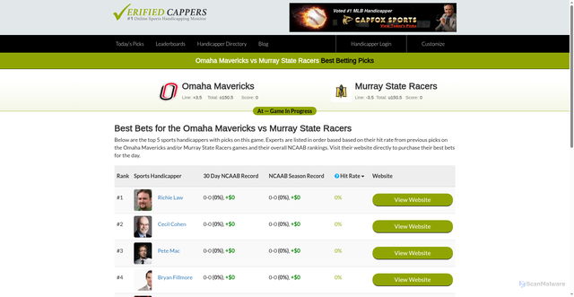 Security scan screenshot of https://verifiedcappers.com/predictions/227422/2025-11-03/omaha-mavericks-vs-murray-state-racers-picks/