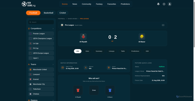 Security scan screenshot of https://www.kickscore.ng/football/saudi-arabia/pro-league/al-riyadh-vs-al-nassr/1602982/307/info