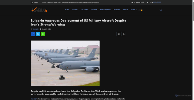 Security scan screenshot of https://kabul-24.com/en/bulgaria-approves-deployment-of-us-military-aircraft-despite-irans-strong-warning/