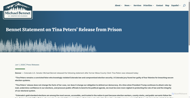 Security scan screenshot of https://www.bennet.senate.gov/2026/06/01/bennet-statement-on-tina-peters-release-from-prison/