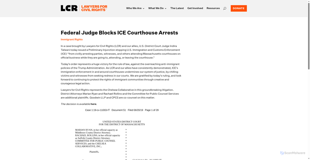 Security scan screenshot of https://lawyersforcivilrights.org/our-impact/immigrant-rights/federal-judge-blocks-ice-courthouse-arrests/