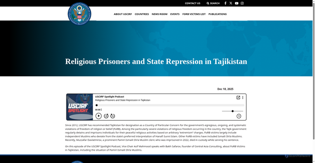 Security scan screenshot of https://www.uscirf.gov/news-room/uscirf-spotlight/religious-prisoners-and-state-repression-tajikistan