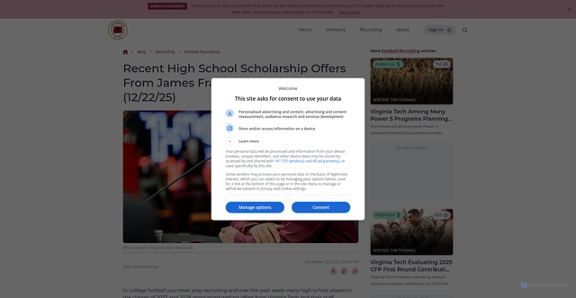 Security scan screenshot of https://techlunchpail.com/blog/recent-high-school-scholarship-offers-from-james-franklin-and-virginia-tech-12-22-25