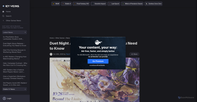 Security scan screenshot of https://www.icy-veins.com/other-games/news/duet-night-abyss-launch/