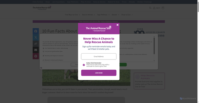 Security scan screenshot of https://theanimalrescuesite.com/blogs/news/10-chihuahua-facts
