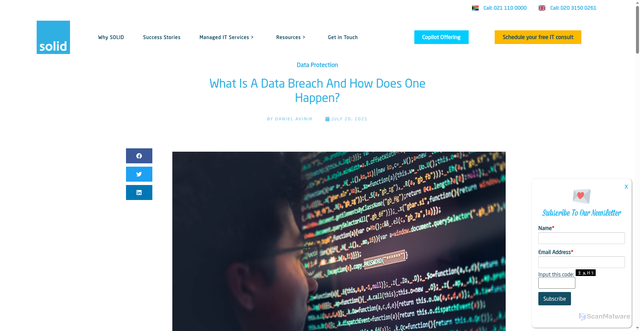Security scan screenshot of https://www.solidsystems.co.za/blog/what-is-a-data-breach-and-how-does-one-happen/
