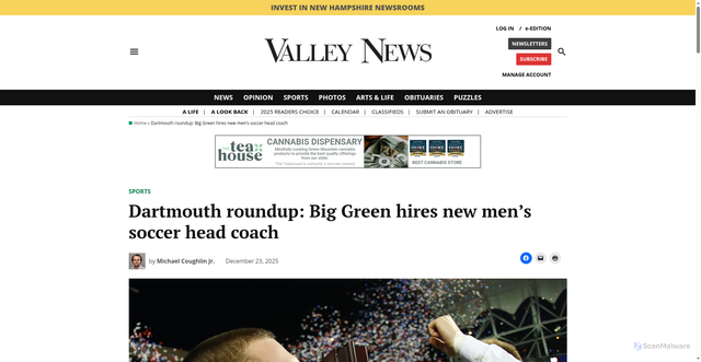 Security scan screenshot of https://vnews.com/2025/12/23/dartmouth-mens-soccer-coach/
