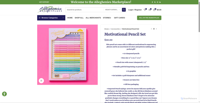 Security scan screenshot of https://allegheniesmarketplace.com/product/motivational-pencil-set/