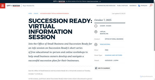 Security scan screenshot of https://www.boston.gov/calendar/succession-ready-virtual-information-session