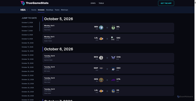 Security scan screenshot of https://www.truegamestats.app/sport/NBA/schedule