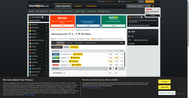 Security scan screenshot of https://www.oddsportal.com/baseball/south-korea/kbo/samsung-lions-nc-dinos-UN23YjKc/