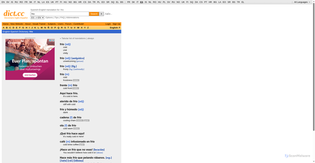 Security scan screenshot of https://browse.dict.cc/spanish-english/frio.html