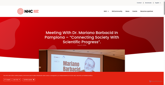 Security scan screenshot of https://navarrahealthcluster.com/en/encuentro-con-el-dr-mariano-barbacid-en-pamplona-conectar-la-sociedad-con-el-avance-cientifico/