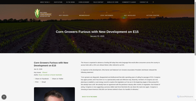 Security scan screenshot of https://ncga.com/stay-informed/media/in-the-news/article/2026/01/corn-growers-furious-with-new-development-on-e15
