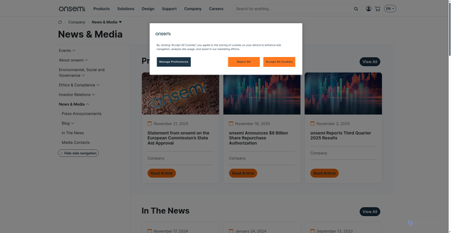 Security scan screenshot of https://www.onsemi.com/company/news-media