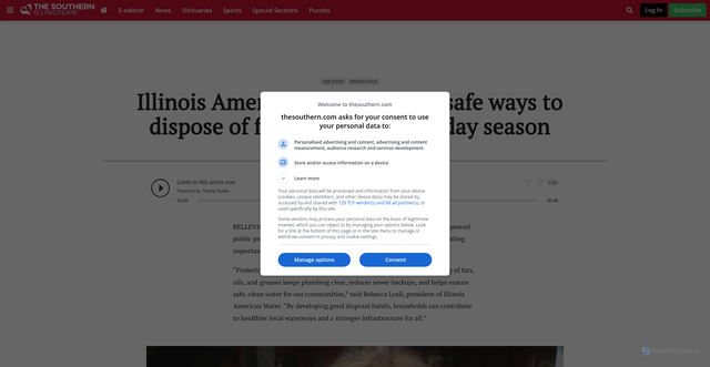 Security scan screenshot of https://thesouthern.com/life-entertainment/home_and_gardening/illinois-american-water-shares-safe-ways-to-dispose-of-fats-during-the-holiday-season/article_0b7fd46e-c1e5-573c-81e1-5610dd7c89a9.html