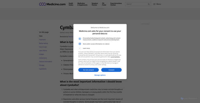 Security scan screenshot of http://www.medicine.com/drug/cymbalta