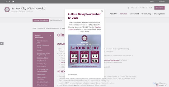 Security scan screenshot of https://www.mishawakaschools.com/families/general-information/closings-delays