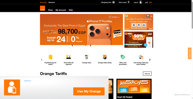 Security scan screenshot of https://www.orange.eg/en/