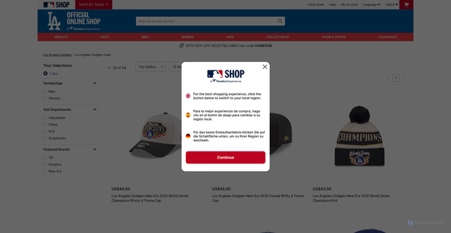 Security scan screenshot of https://www2.mlbshopeurope.com/en/los-angeles-dodgers/caps/t-36331077+d-9072442292+z-95-3004147608