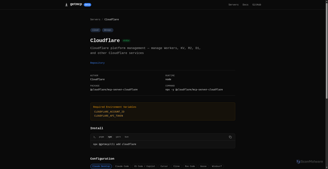 Security scan screenshot of https://installmcp.dev/servers/cloudflare