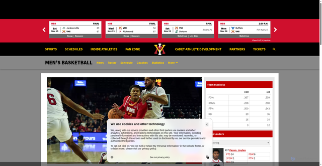 Security scan screenshot of https://vmikeydets.com/news/2025/11/19/mens-basketball-vmi-topped-by-the-spiders.aspx