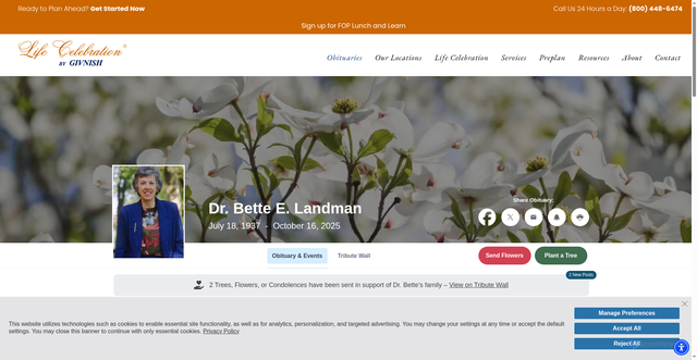 Security scan screenshot of https://www.lifecelebration.com/obituaries/Dr-Bette-E-Landman?obId=46006624
