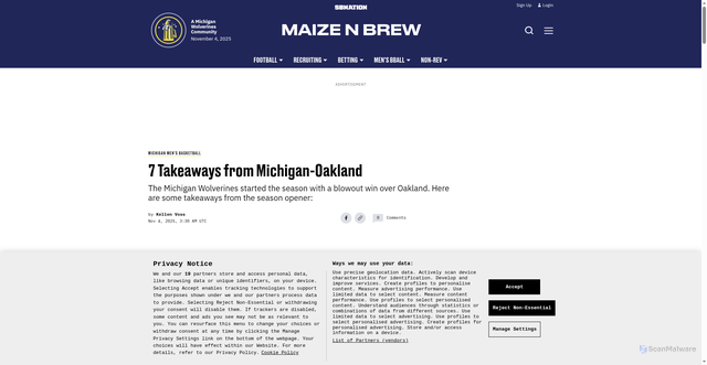 Security scan screenshot of https://www.maizenbrew.com/michigan-mens-basketball/96704/michigan-basketball-takeaways-oakland-dusty-may-yaxel-lendeborg-elliot-cadeau-aday-mara-morez-johnson