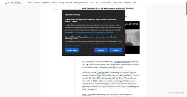 Security scan screenshot of https://www.news-journalonline.com/story/sports/nascar/2025/08/22/nascar-xfinity-race-daytona-channel-today-time-tv-schedule-streaming/85692724007/