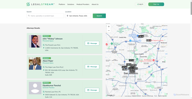 Security scan screenshot of https://app.mylegalstream.com/claimant/search/attorney