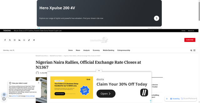 Security scan screenshot of https://dmarketforces.com/nigerian-naira-rallies-official-exchange-rate-closes-at-n1367/