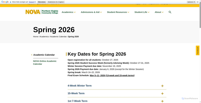 Security scan screenshot of https://www.nvcc.edu/academics/calendar/spring2026.html