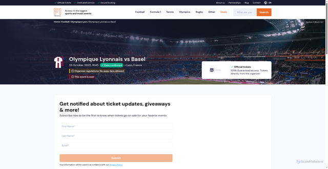 Security scan screenshot of https://www.p1travel.com/en/football/europa-league/olympique-lyonnais-vs-basel