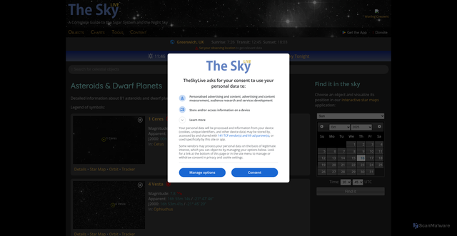 Security scan screenshot of https://theskylive.com/asteroids-and-dwarf-planets