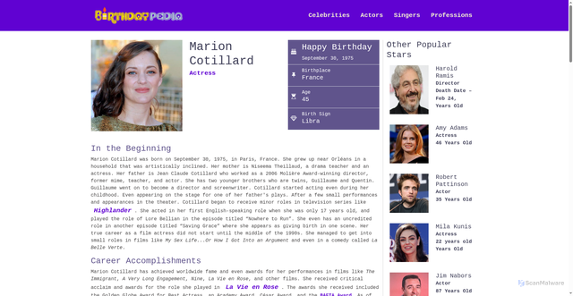 Security scan screenshot of https://birthdaypedia.com/marion-cotillard/