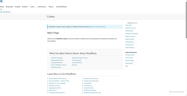 Security scan screenshot of https://codex.wordpress.org/