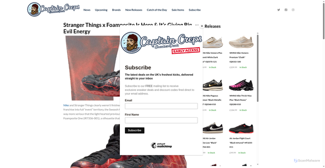 Security scan screenshot of https://captaincreps.com/stranger-things-x-foamposite-is-here-its-giving-big-evil-energy/