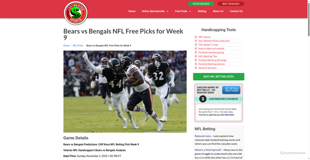 Security scan screenshot of https://lootmeister.com/nfl/picks/chicago-bears-vs-cincinnati-bengals-betting-preview/