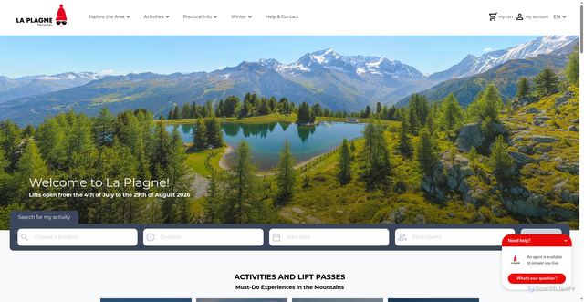 Security scan screenshot of https://www.skipass-laplagne.com/en/?lid=h69y4gsvh72u&utm_medium=email&utm_source=NL&utm_campaign=SAP_26_08_CA_COM_ALL_PROMO1_FREN&utm_term=EN&utm_content=PROMO1_teasing_non-smile