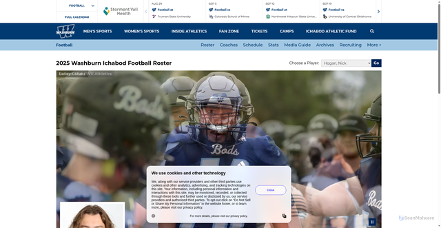 Security scan screenshot of https://wusports.com/sports/football/roster/nick-hogan/9115