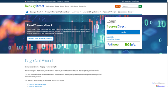Security scan screenshot of https://www.treasurydirect.gov/404/