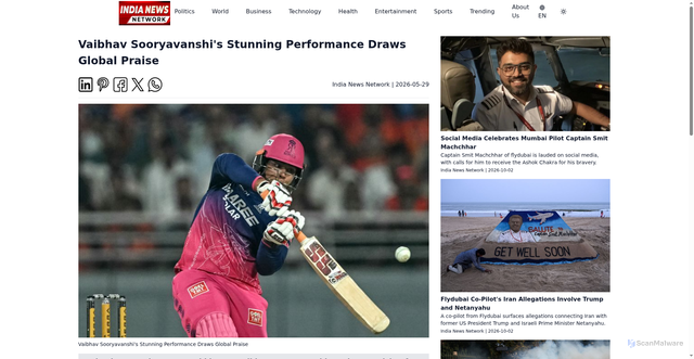 Security scan screenshot of https://www.indianewsnetwork.com/en/vaibhav-sooryavanshi-stunning-performance-draws-global-praise-20260529