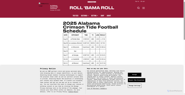 Security scan screenshot of https://www.rollbamaroll.com/pages/2025-alabama-crimson-tide-football-schedule