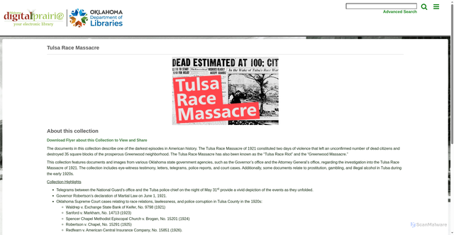 Security scan screenshot of https://digitalprairie.ok.gov/digital/collection/race-riot