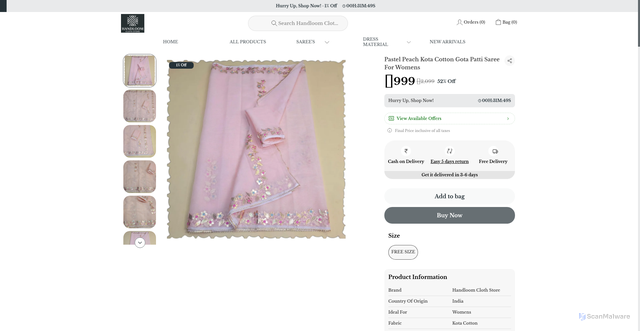 Security scan screenshot of https://handloomclothstore.com/Pastel-Peach-Kota-Cotton-Gota-Patti-Saree-For-Womens/catalogue/Q62rac-o/skHQxmNt