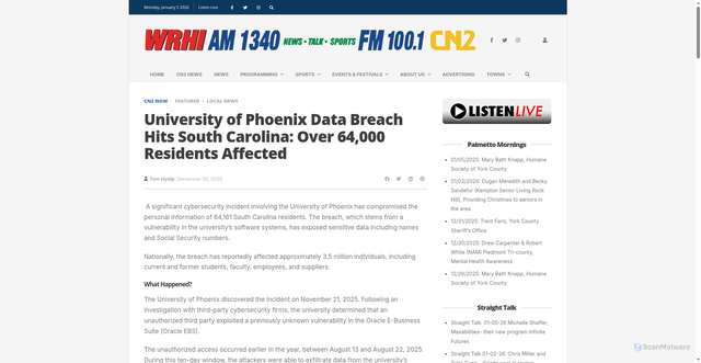 Security scan screenshot of https://www.wrhi.com/2025/12/university-of-phoenix-data-breach-hits-south-carolina-over-64000-residents-affected-208840