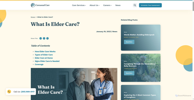 Security scan screenshot of https://corewoodcare.com/news/what-is-elder-care/