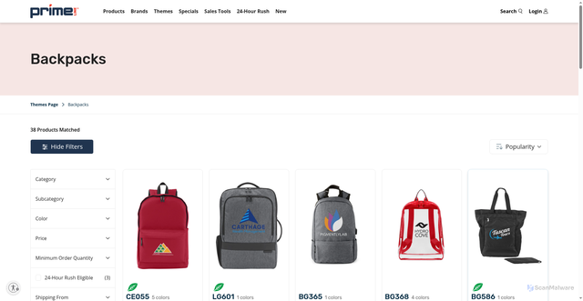 Security scan screenshot of https://www.primeline.com/en-us/collections/backpacks