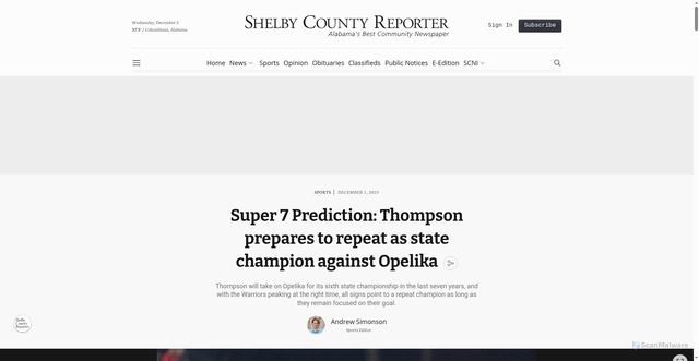 Security scan screenshot of https://www.shelbycountyreporter.com/sports/super-7-prediction-thompson-prepares-to-repeat-as-state-champion-against-opelika-1da8549e